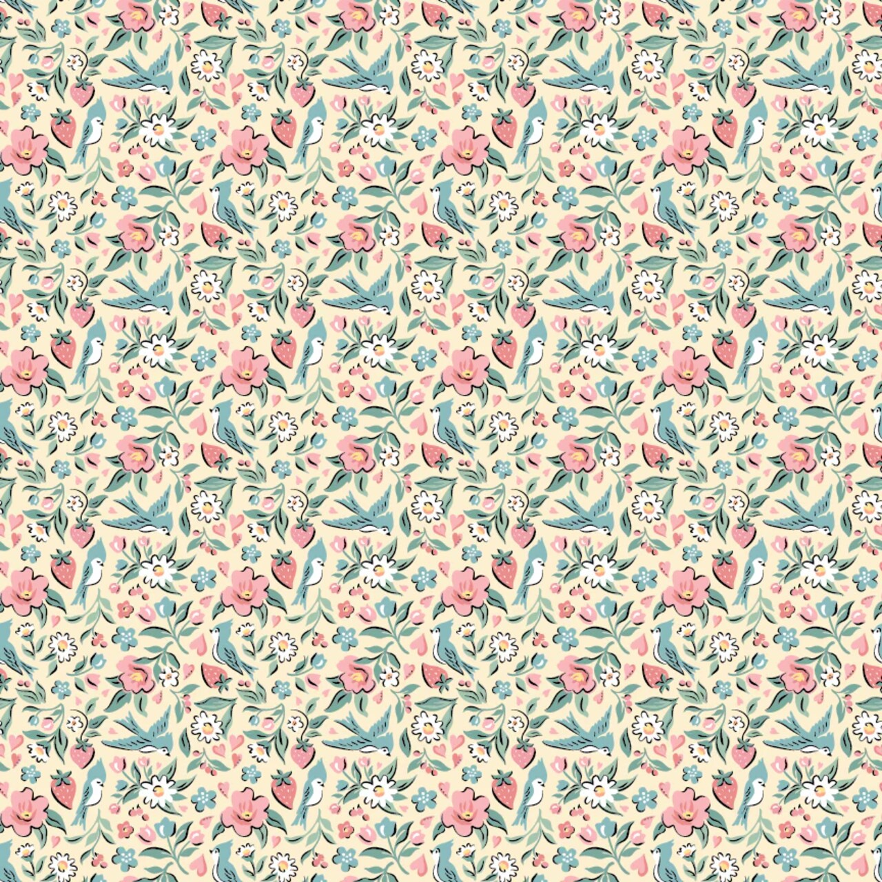 Fabric Poppie Cotton Yellow Bluebirds & Berries Granny's Sewing Room by the Quarter Yard GS25901
